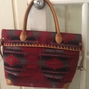 Leather and wool Southwestern tote bag